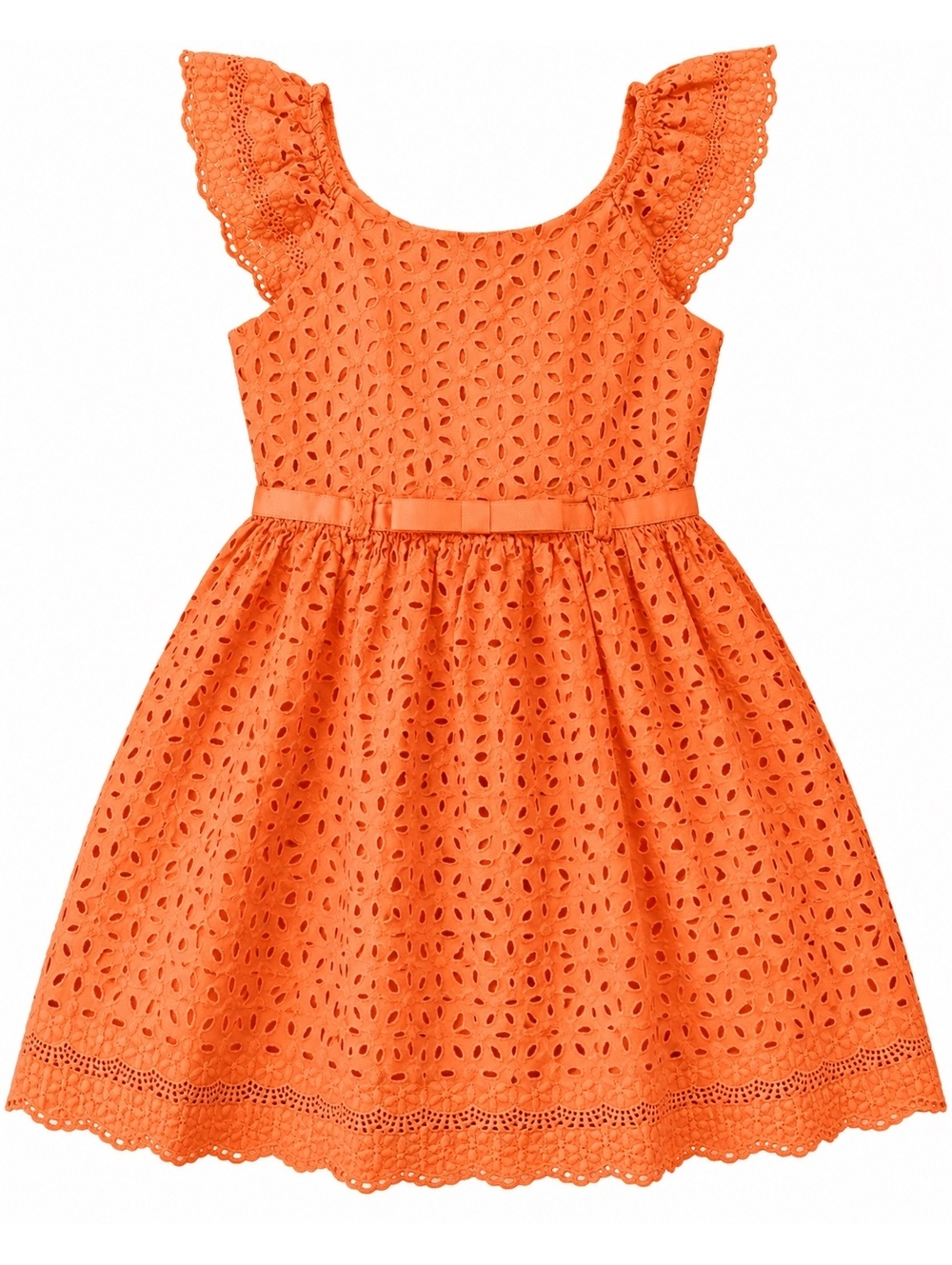 Blueberi Boulevard Girls Size 7 Orange Eyelet Cotton Dress Flutter Sleeve Bow